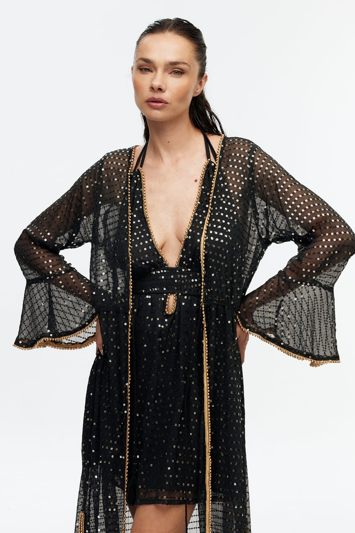 Işıltılı Şifon Uzun Kollu Kimono