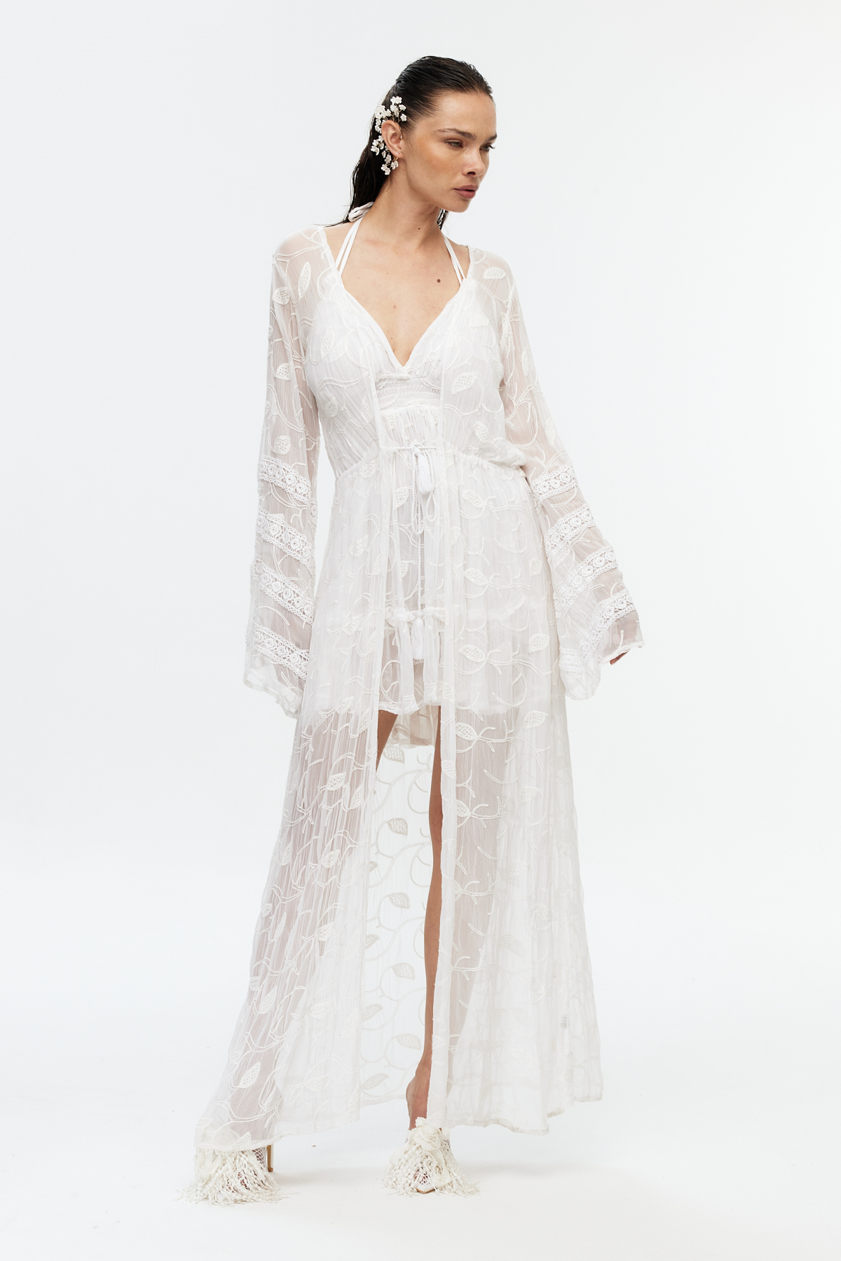 Şifon Dantel Detaylı Uzun Kimono