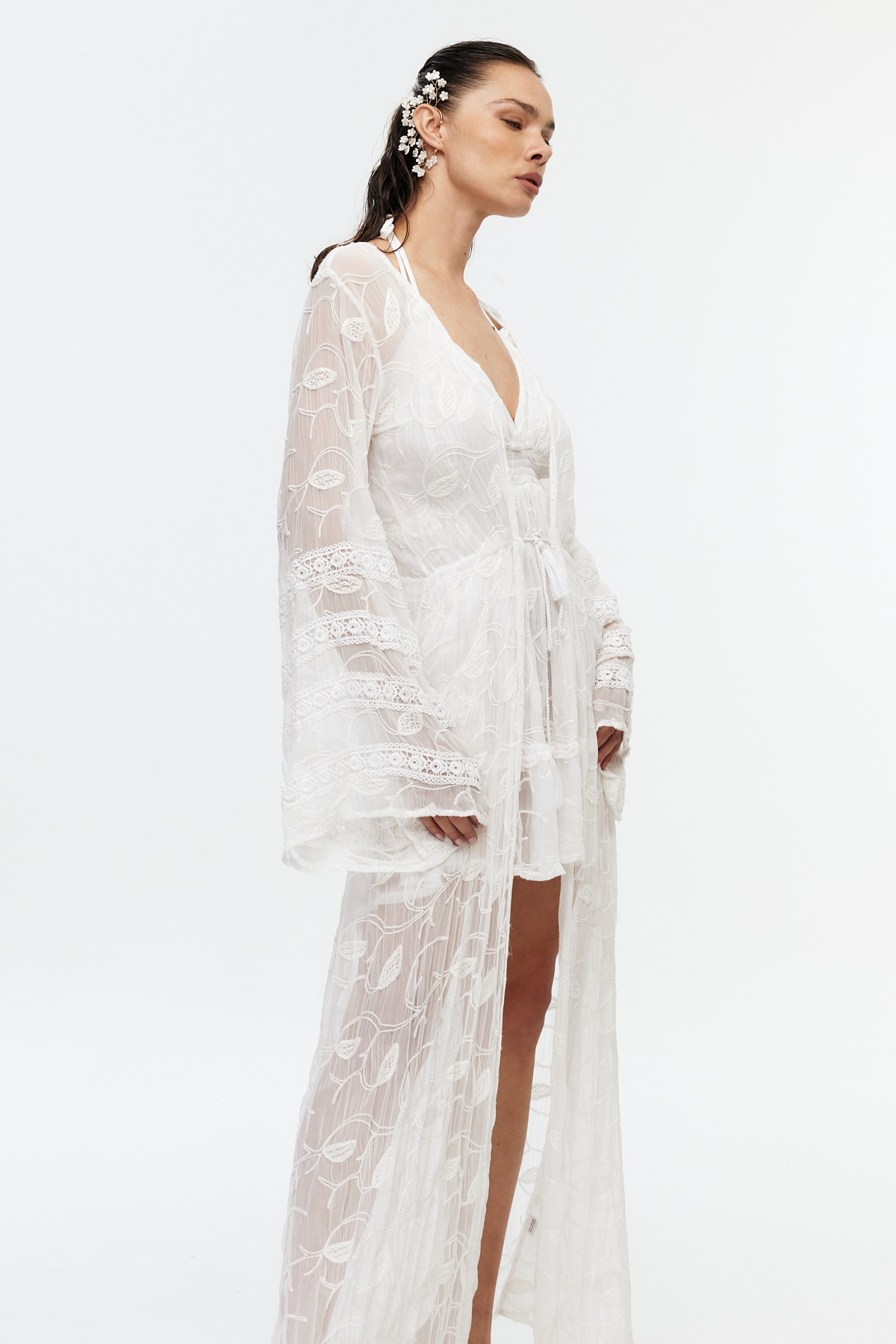 Şifon Dantel Detaylı Uzun Kimono