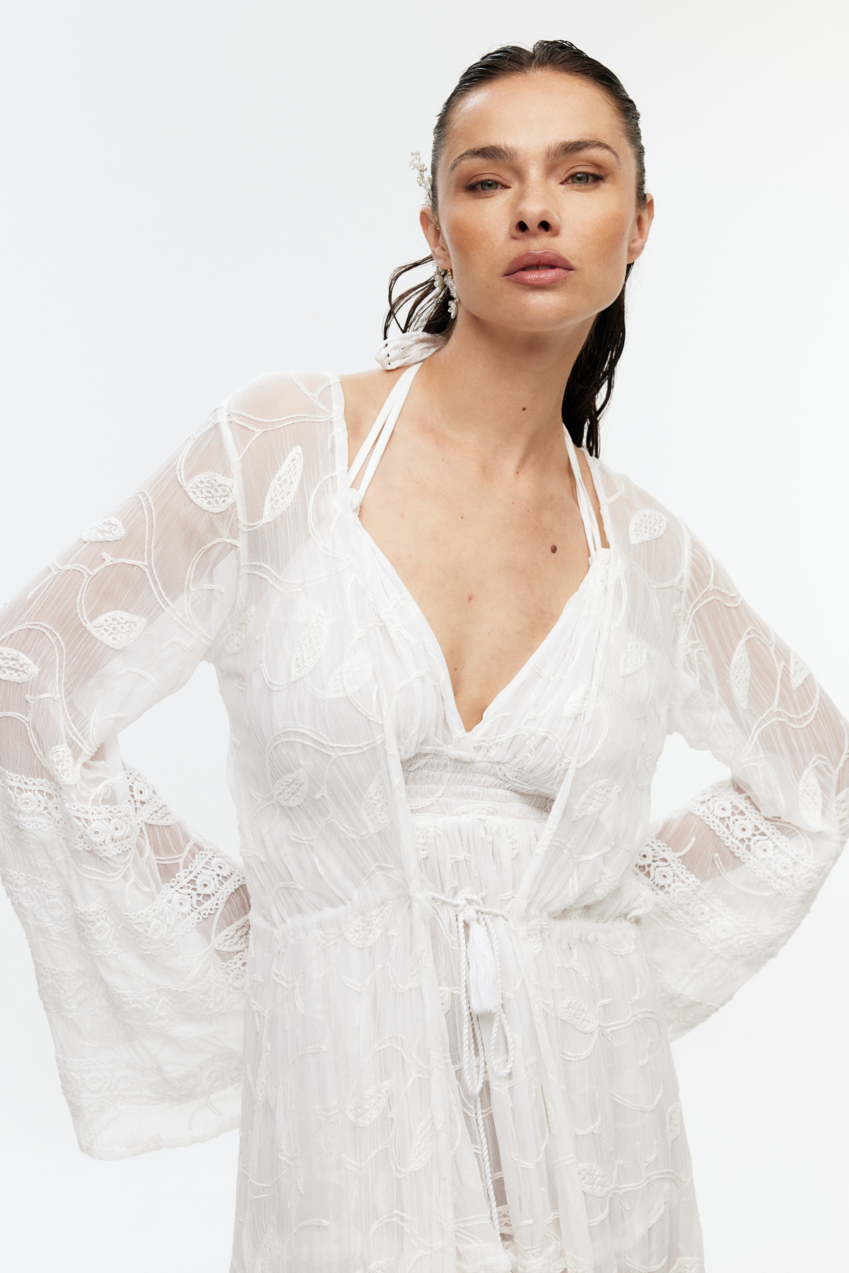 Şifon Dantel Detaylı Uzun Kimono