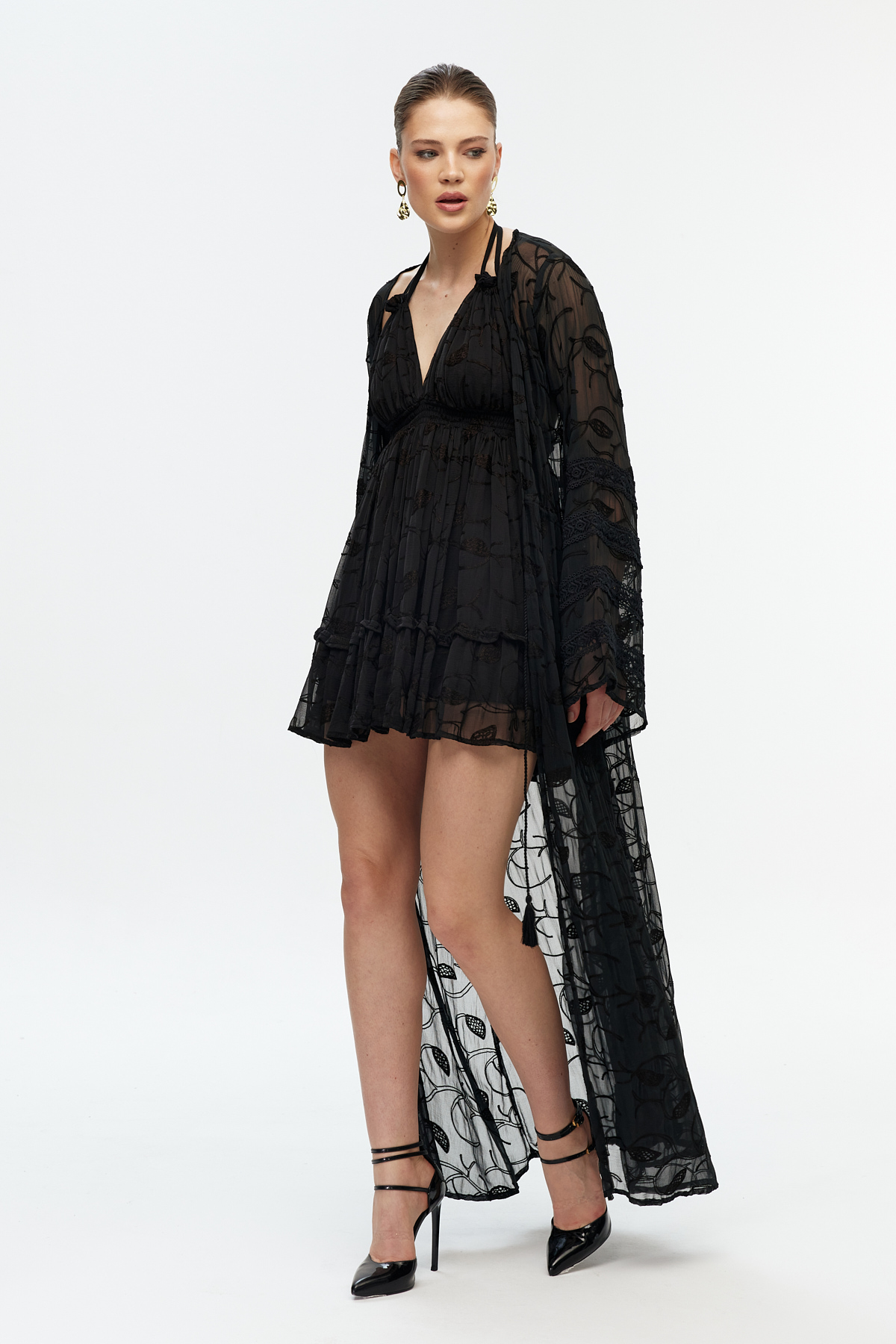 Şifon Dantel Detaylı Uzun Kimono