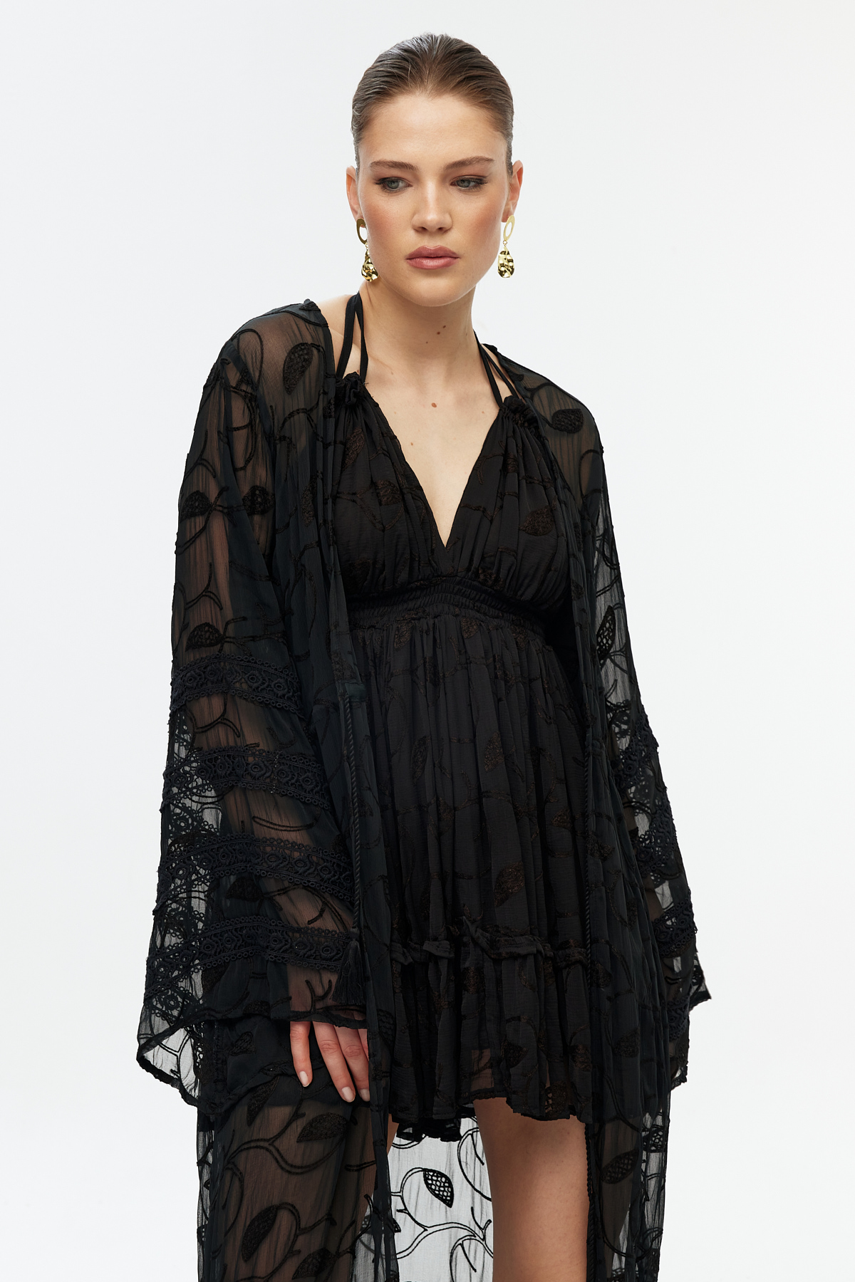 Şifon Dantel Detaylı Uzun Kimono