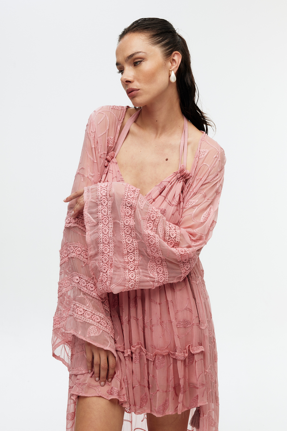 Şifon Dantel Detaylı Uzun Kimono