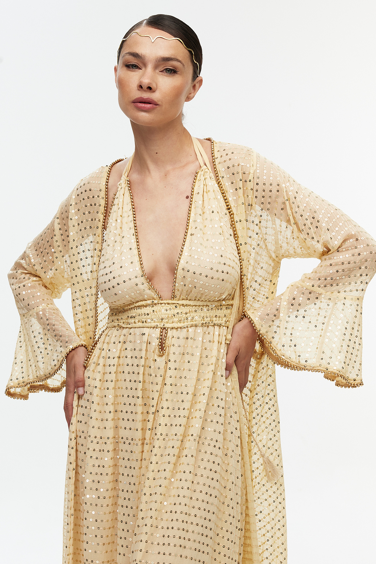 Işıltılı Şifon Uzun Kollu Kimono